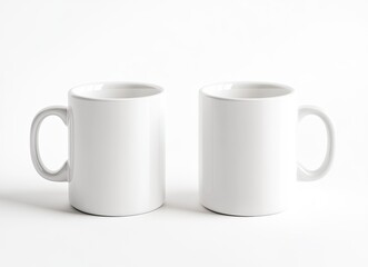 White coffee mug mockup, two mugs side by side on a white background. Mock-up template for design and print with copy space. Stock photo contest winner, high resolution, high detail