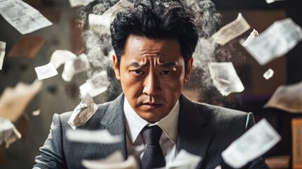 Stressed Asian businessman in a gray suit surrounded by flying papers in a chaotic office environment conveying overwhelm and pressure.