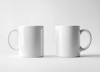 Obraz premium White coffee mug mockup, two mugs side by side on a white background. Mock-up template for design and print with copy space. Stock photo contest winner, high resolution, high detail