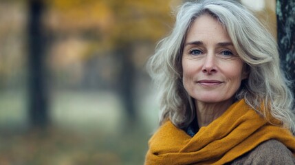 Naklejka premium Mature woman with silver hair wearing a mustard yellow scarf, standing outdoors among autumn trees in a soft-focus natural background.