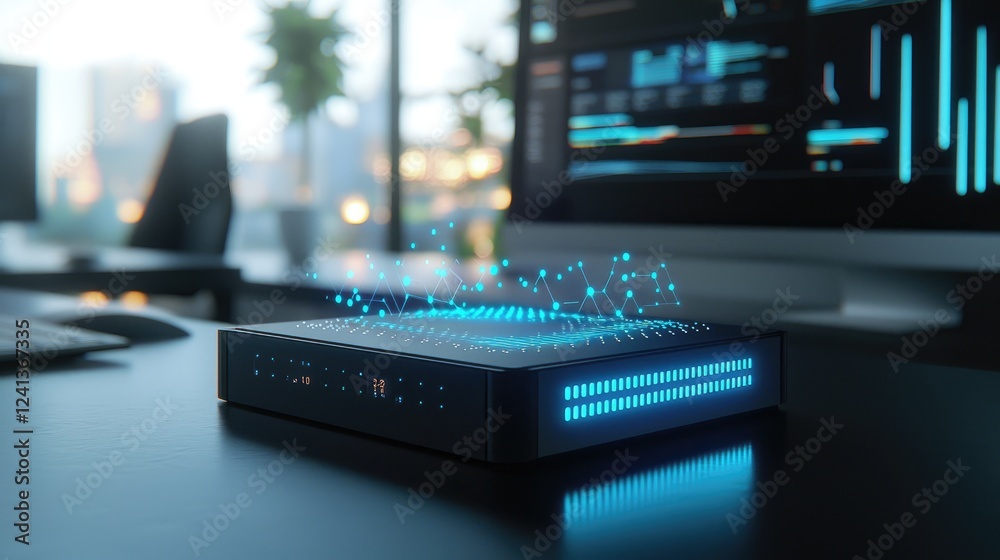 Poster futuristic network device with data visualization