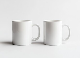 Fototapeta premium White coffee mug mockup, two mugs side by side on a white background. Mock-up template for design and print with copy space. Stock photo contest winner, high resolution, high detail