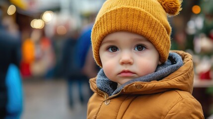 Toddler boy with brown eyes wearing a cozy mustard beanie and brown jacket at a vibrant Christmas market in Wroclaw Poland, surrounded by festive lights and decorations.