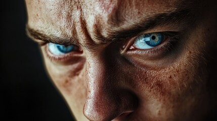 Naklejka premium Intense close-up portrait of a middle-aged man with striking blue eyes and textured skin, conveying deep emotion against a dark background.