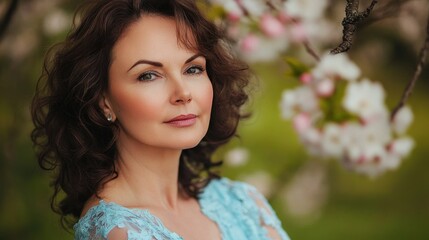 Naklejka premium middle-aged woman with curly brunette hair wearing a turquoise blue dress portrait amidst blooming cherry blossom trees in springtime garden