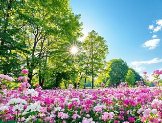 a vibrant field of pink and white flowers basking in warm sunlight