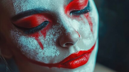Obraz premium Vibrant artistic makeup close-up of female model with striking red and white face paint, dramatic eyelashes, and a serene expression against a dark background.