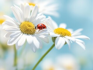 Obraz premium ladybug resting on a daisy against a bright blue sky background