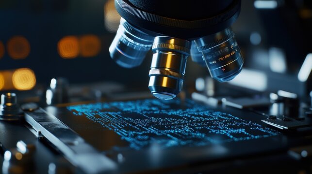 A medium closeup of a highresolution microscope linked to an AI system with digital overlays displaying analyzed images of cellular structures. The intricate details of the sample are