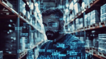 Biracial man in warehouse surrounded by digital data and statistics, modern global shipping business and finance computing concept with blue tones.
