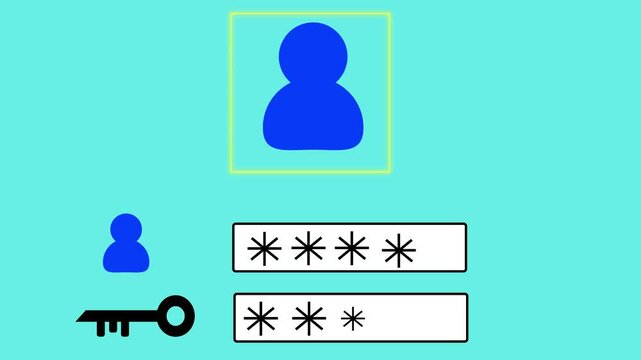 Secure Login Concept with User Profile Icon, Password Entry Fields, and Key Symbol on Bright Blue Background, Ideal for Digital Security, Identity Protection, and Authentication Themes