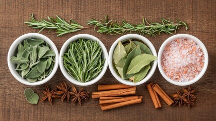 Fresh Herbs and Spices in Bowls on Wooden Table Surface