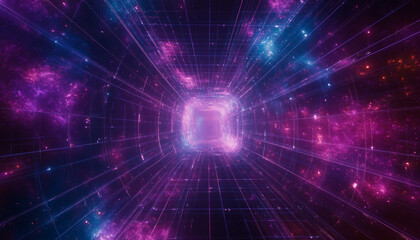 Fototapeta premium A vibrant, futuristic tunnel with glowing pink and blue lights creates a sense of depth and motion, resembling a sci-fi wormhole or digital data stream.