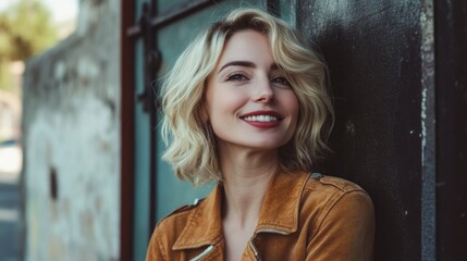 Fototapeta premium Mature blonde woman with wavy hair smiling confidently against a textured urban background wearing a brown suede jacket in natural light.