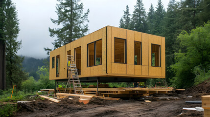 Obraz premium Construction Workers Assembling Modular Prefab Home with Tree Trunk Cutouts for Forest Dwelling