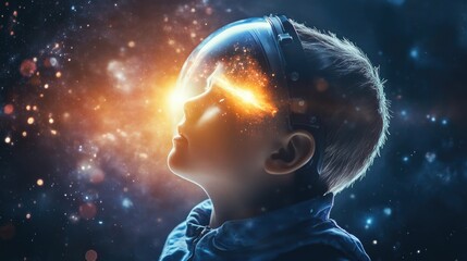 Naklejka premium Aspirational young boy with light emanating from his forehead, wearing a futuristic space helmet, set against a cosmic starry backdrop.