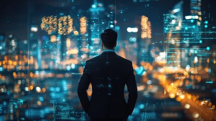 Businessman contemplating future trends in futuristic cityscape with digital overlay and bright city lights symbolizing 2023 advancements