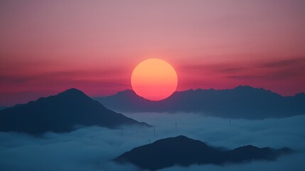 Fototapeta premium Majestic Sunrise over Misty Mountain with Floating Wind Turbine