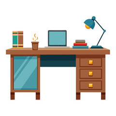 The office desk features a laptop, a stylish lamp, stacked books, and a plant, creating a clean and organized workspace environment perfect for productivity