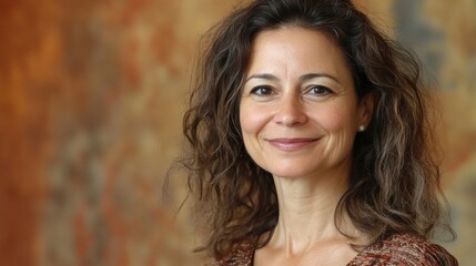 Naklejka premium Smiling Middle-Aged Woman with Curly Hair Posing Against Colorful Textured Background in Warm Earth Tones