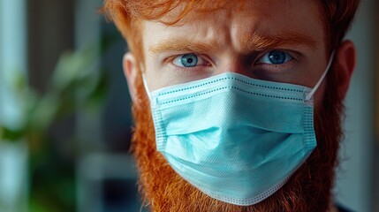 Bearded man with red hair and bright blue eyes wearing a protective face mask indoors, emphasizing health safety and awareness during a pandemic.