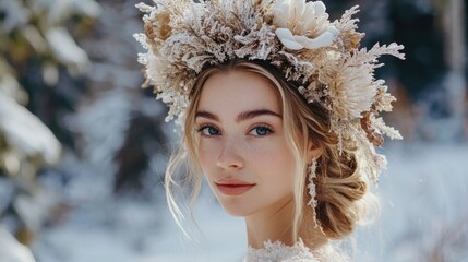 Fototapeta premium Winter Snow Bride with Floral Headpiece in Frosty Forest, Close-Up Portrait of Young Woman in Bridal Attire Surrounded by Snowy Landscape
