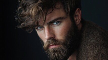 Fototapeta premium Stylish close-up portrait of a bearded young adult male fashion model with curly hair, set against a dark background, showcasing modern masculinity.
