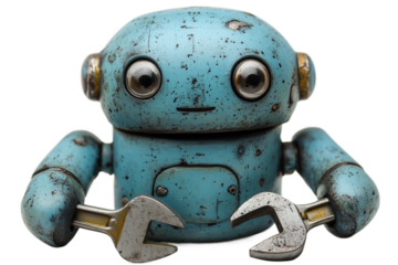 Cute cartoon robot in teal blue with rusty metallic texture, large eyes, holding a wrench tool, miniature figurine, steampunk aesthetic, whimsical design, playful 3D render
