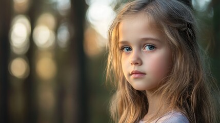 Naklejka premium Serene portrait of a young girl with long wavy hair in soft light surrounded by a blurred green forest backdrop showcasing natural beauty and innocence.