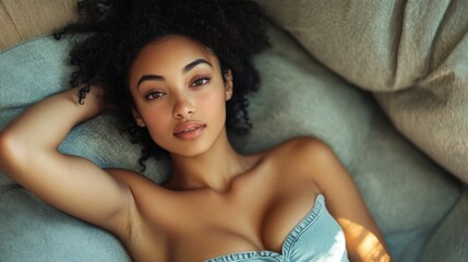 Naklejka premium Serene portrait of a young woman with curly dark hair reclining comfortably on a soft aqua-colored sofa in a warm studio setting.