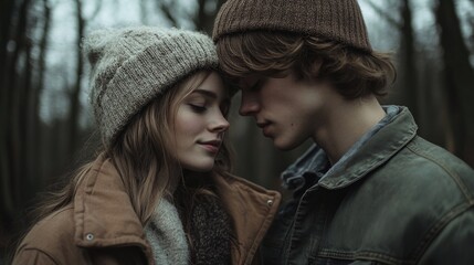 Obraz premium Romantic young couple embracing in a serene forest, wearing cozy knit beanies and jackets, amidst a muted autumn landscape with soft lighting.