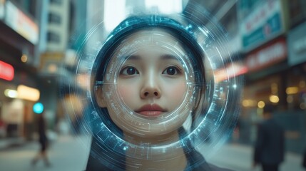 Round scanner overlay with changing numbers above young Asian woman on smartphone in bustling urban street, illustrating technology and innovation.