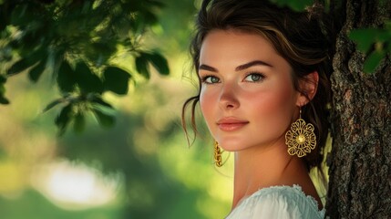Fototapeta premium Portrait of a Stylish Young Woman with Golden Earrings Posed Gracefully Under a Lush Green Tree in Soft Daylight Natural Setting