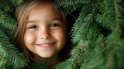 Smiling young girl peeking through vibrant green fir branches in a serene natural setting, capturing innocence and joy, soft lighting.