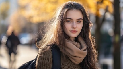 Obraz premium Portrait of a young woman with long brunette hair wearing a cozy brown sweater and scarf, walking outdoors in a sunlit urban setting with autumn leaves.