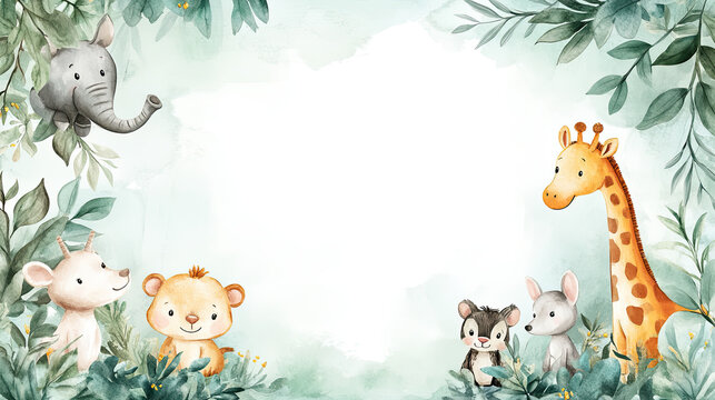 A watercolor-style cartoon frame of safari animals borders a cute zoo background.