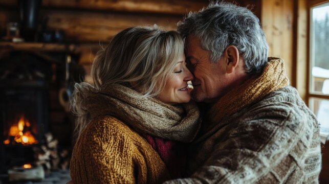 Affectionate mature couple embracing and sharing a kiss in a warm log cabin with rustic decor, cozy atmosphere, and a glowing fireplace.