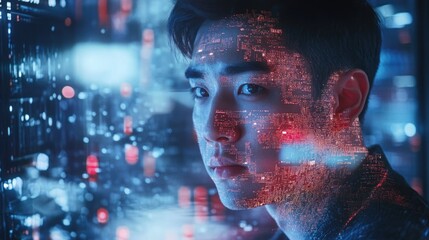 Portrait of Asian male professional with thoughtful expression amidst digital data overlays in modern server room reflecting technology innovation and global business