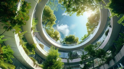 futuristic architectural design of circular building with lush plants and blue sky view