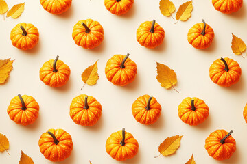 Warm autumn pattern featuring pumpkins and golden leaves on a soft cream background for seasonal decor
