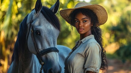 Obraz premium Young woman with curly hair in beige shirt and straw hat standing beside gray horse in lush green jungle at Isalo Park Madagascar