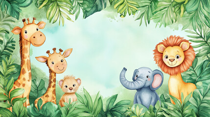 Naklejka premium A watercolor-style cartoon frame of safari animals borders a cute zoo background.
