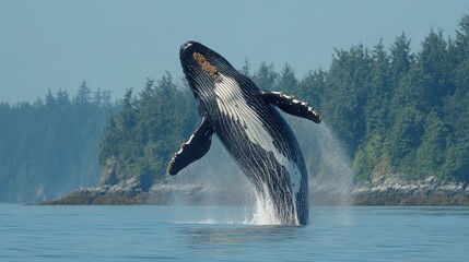 Fototapeta premium Majestic Humpback Whale Breaching in Calm Ocean Waters Against Forest