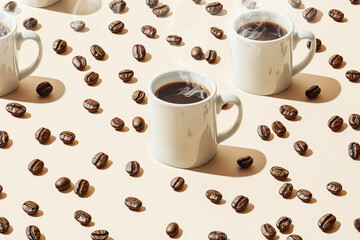 Enjoying the comforting embrace of steaming coffee mugs and fresh coffee beans on a cozy beige background