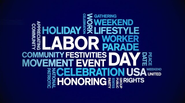 Labor Day animated word cloud;text design animation tag kinetic typography seamless loop.
