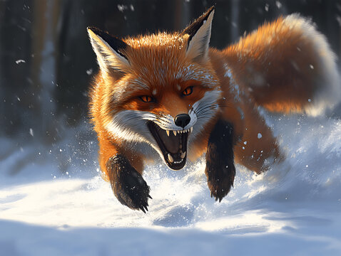 Angry fox is an animal hunting in winter