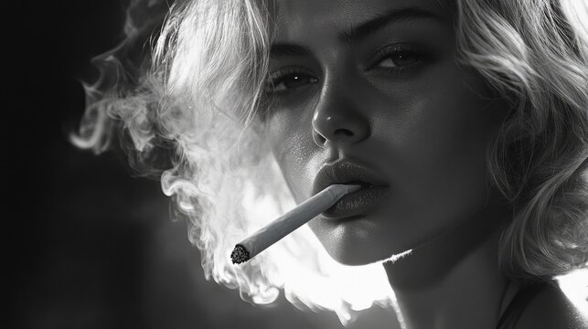 Elegant young woman with blonde curly hair smoking cigarette in black and white portrait conveying urban lifestyle and sophistication