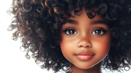 Fototapeta premium Charming portrait of a young Black girl with luscious curly hairstyle showcasing radiant brown skin and expressive doe-like eyes, isolated against a clean white background.