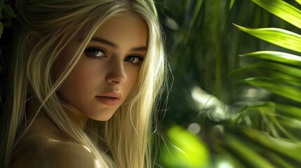 Naklejka premium Blonde young woman with long hair gazing thoughtfully amid lush green jungle foliage and soft natural lighting in a serene setting