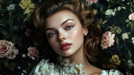 Fototapeta premium Young woman with flawless skin and styled hair against dark floral background showcasing elegance and beauty in portrait photography.